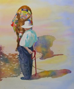 Donkey painting, Summer donkey, landscape, donkey and guide, donkey for tourist, Greece, sun, Watercolour donkey artwork, donkey and guide painting, nature paintings, landscape animal paintings, summer paintings, Mediterranean donkey paintings,