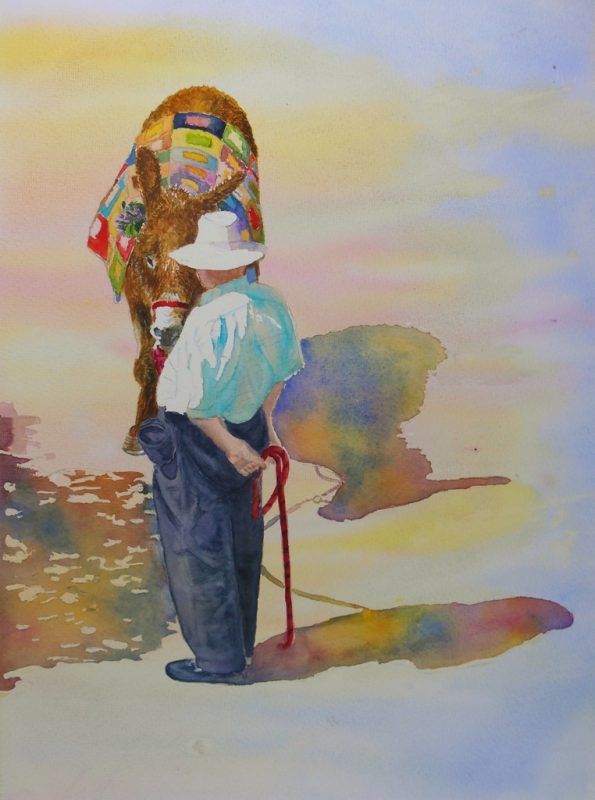 Donkey painting, Summer donkey, landscape, donkey and guide, donkey for tourist, Greece, sun, Watercolour donkey artwork, donkey and guide painting, nature paintings, landscape animal paintings, summer paintings, Mediterranean donkey paintings,