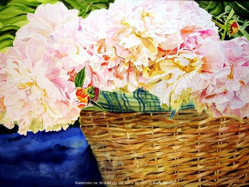 Basket with peonies painting, Peonies flowers, Peonies flowers painting, Peonies painting
