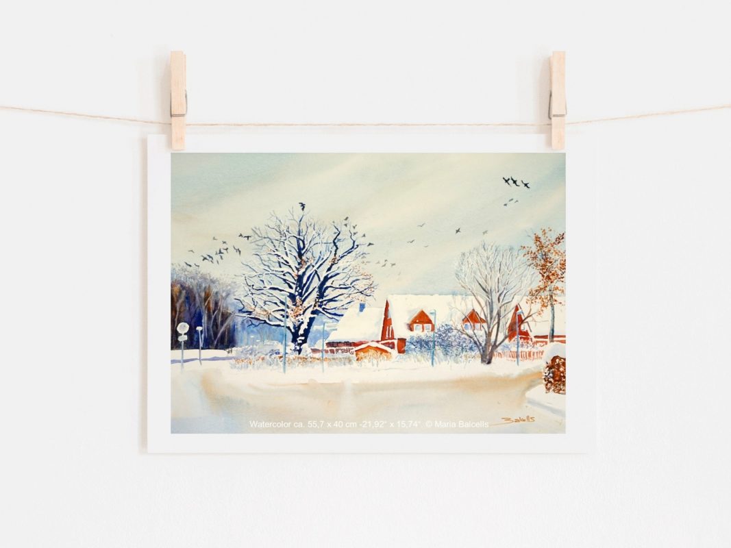 A HOUSE IN WINTER MUSIC. Watercolour landscape painting by Maria Balcells