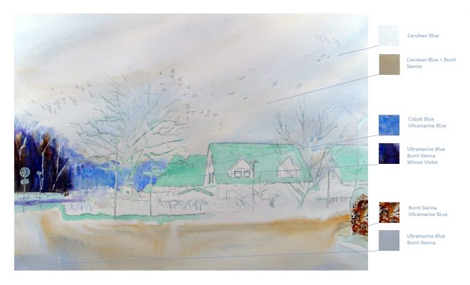 A HOUSE IN WINTER MUSIC. Watercolour landscape tutorial. Step 3