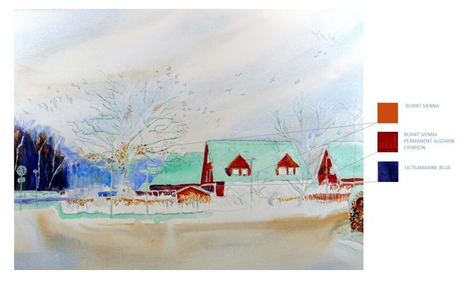 A HOUSE IN WINTER MUSIC. Watercolour landscape tutorial. Step 4