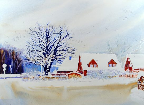 A HOUSE IN WINTER MUSIC. Watercolour landscape tutorial. Step 7
