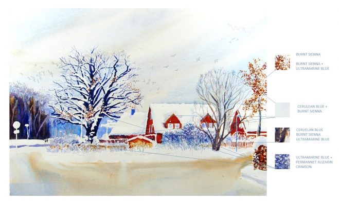 A HOUSE IN WINTER MUSIC. Watercolour landscape tutorial. Step 8