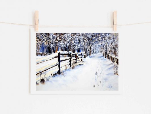 Watercolour artwork tutorial of a snowy winter path