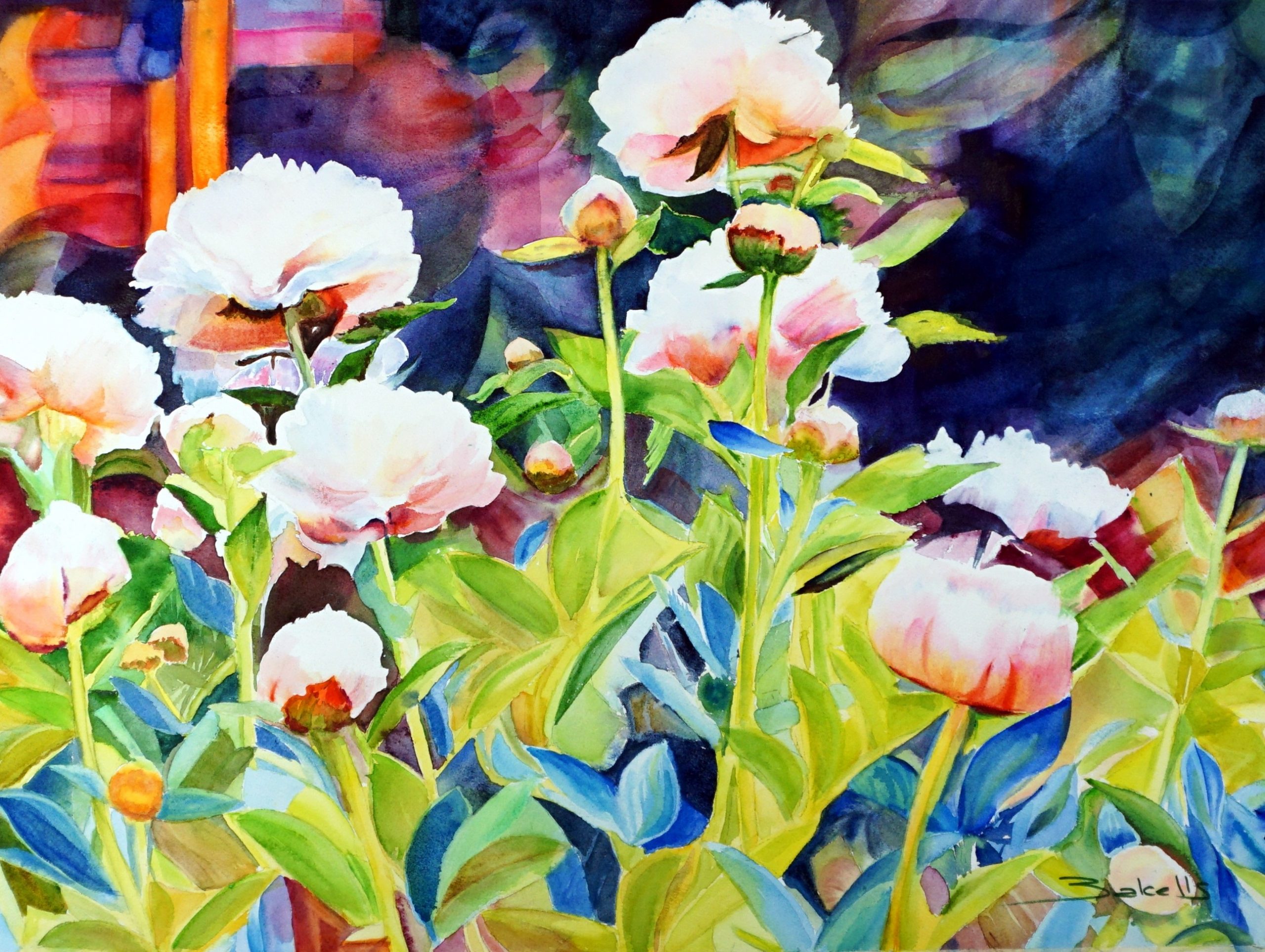 Watercolour peonies flowers painting by Maria Balcells.
