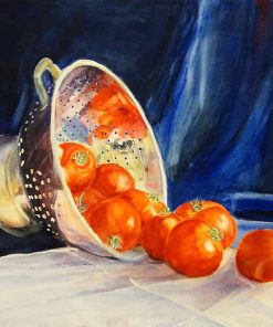 Tomatoes on colander, still life tomatoes, tomatoes painting, red tomatoes painting, tomatoes watercolour