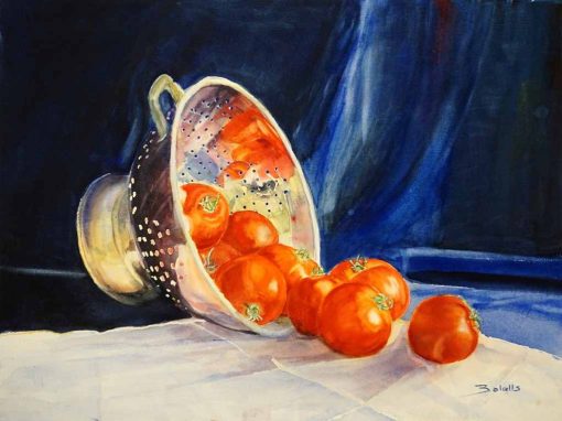 Tomatoes on colander, still life tomatoes, tomatoes painting, red tomatoes painting, tomatoes watercolour
