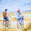 Coastal landscape painting.two bikes painting, beach with bikes, coast bike tour, pair with bikes, bikes summer, beach bike tour, summer painting, two on tour, beach bikes tour, watercolour