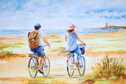 Coastal landscape painting.two bikes painting, beach with bikes, coast bike tour, pair with bikes, bikes summer, beach bike tour, summer painting, two on tour, beach bikes tour, watercolour