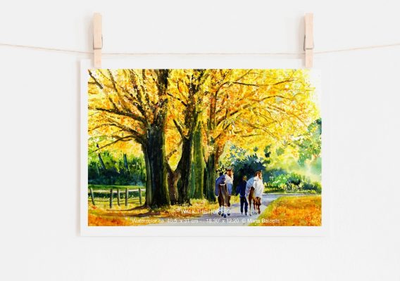 Watercolour artwork of horses in autumn landscape