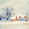 House in winter, snowy teachers house,Winter, House, Snow, Landscape, Watercolor painting