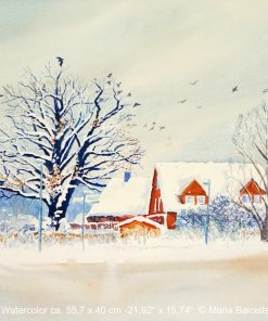 House in winter, snowy teachers house,Winter, House, Snow, Landscape, Watercolor painting