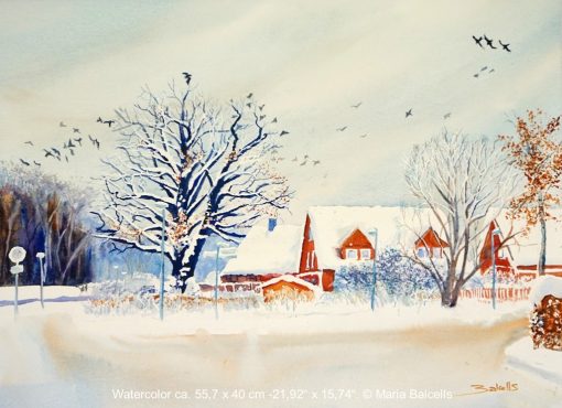 House in winter, snowy teachers house,Winter, House, Snow, Landscape, Watercolor painting