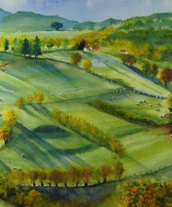 Mountains green meadows, green fields, green landscape, summer, landscape, rural landscape, pasture landscape, watercolour green mountains