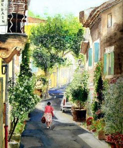 Saignon, Rue de la Boulangerie. Village and Landscape watercolour painting by Maria Balcells