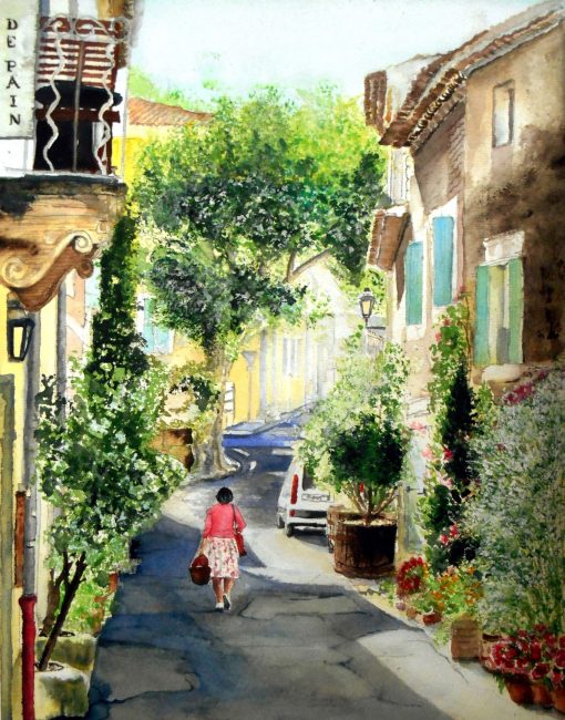 Saignon, Rue de la Boulangerie. Village and Landscape watercolour painting by Maria Balcells