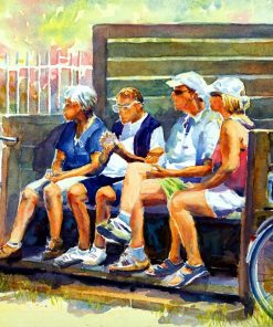 Four on tour with the bikes, Watercolour summer figurative painting.