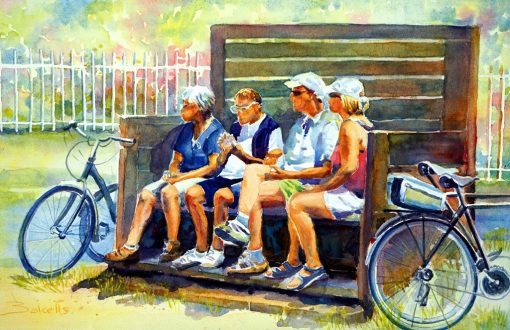 Four on tour with the bikes, Watercolour summer figurative painting.