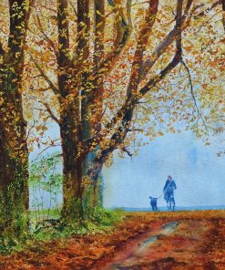 Watercolour Landscape panting of an"Autumn Morning Tour with the Dog".