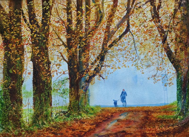 Watercolour Landscape panting of an"Autumn Morning Tour with the Dog".