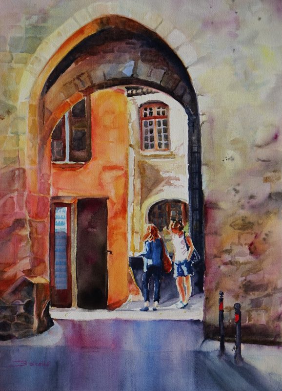 Watercolour Landscape painting of La Porte de la Tour a Cucuron. France