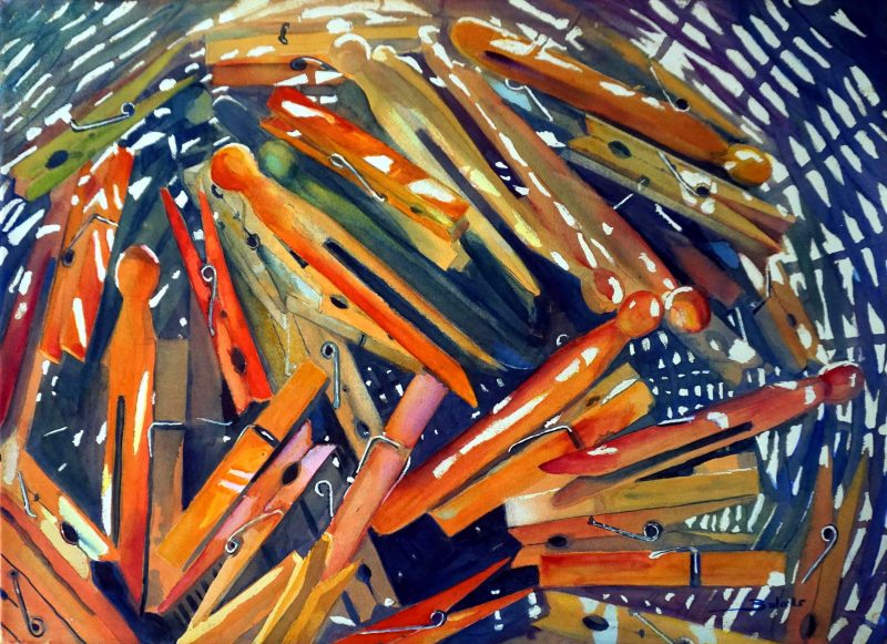 Watercolour Still Life painting of a basket with “Pin Clothes”