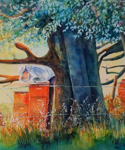 The Beekeeper, watercolour figurative and landscape painting.
