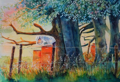 The Beekeeper, watercolour figurative and landscape painting.