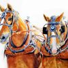 Heavy Horses working together. Watercolour artwork by Maria Balcells