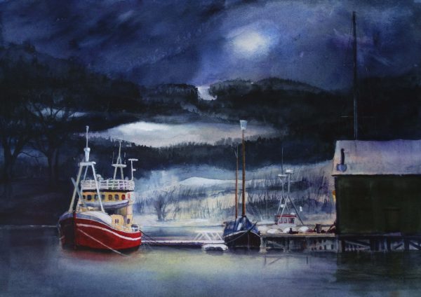 A SMALL HARBOUR IN WINTER- Watercolour painting