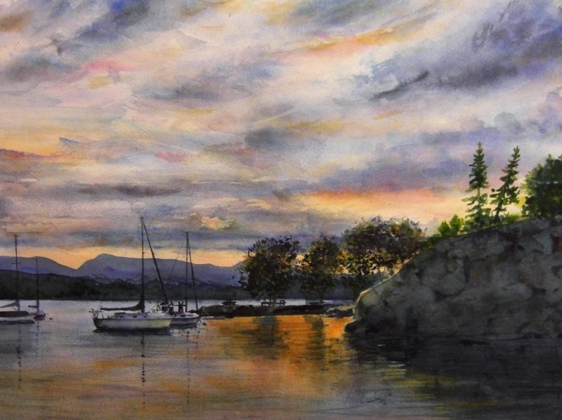 Watercolour landscape painting of a group of sailing boat anchored on a small harbour
