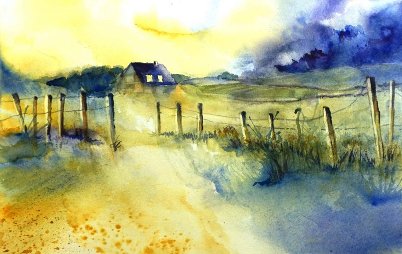 BEHIND THE DUNES, Watercolour coastal landscape.