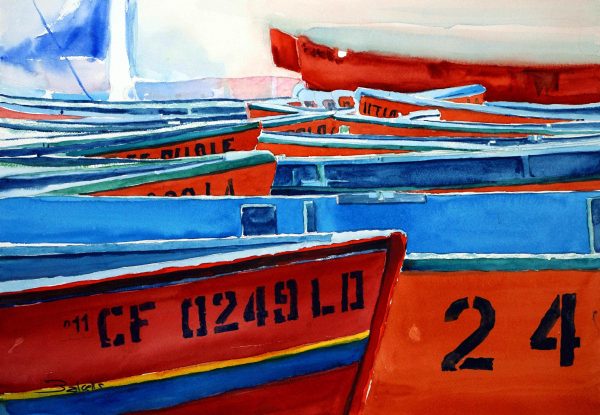 BLUE AND RED ROW BOATS- Watercolour painting