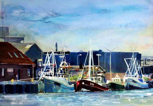 FISHING BOATS AT THE HARBOUR. Watercolour Maritimes painting