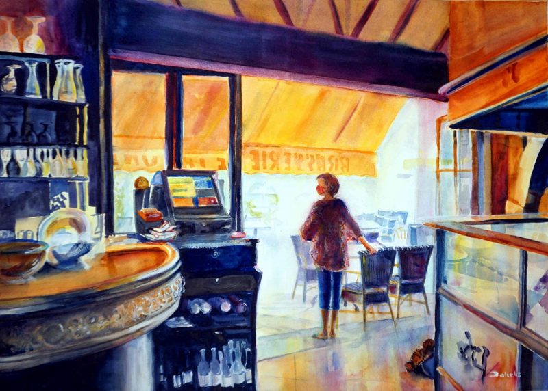 IN TIME OF COVID. Watercolour figurative painting by Maria Balcells