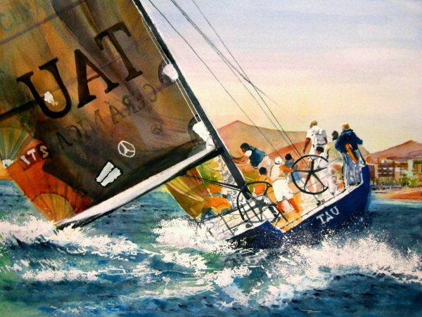 Watercolour maritime landscape painting of the Tau sailing.