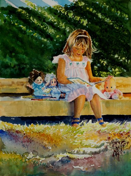 She likes to read. Watercolour by Maria Balcells