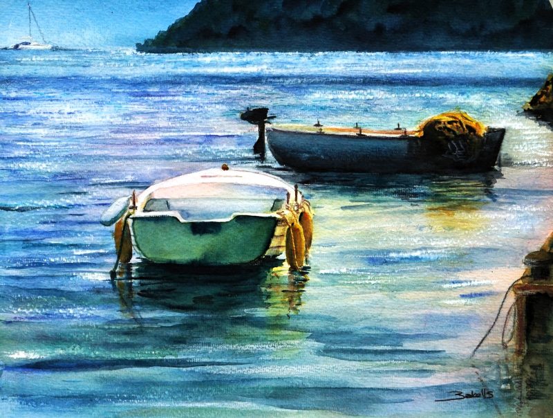 SMALL FISHING DINGHIES watercolour landscape