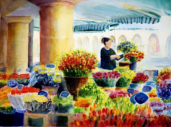 THE FLORIST Watercolour Flowers and Figurative painting by Maria Balcells