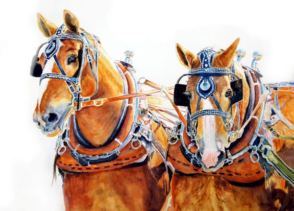 Horses ridding together, watercolour painting by Maria Balcells