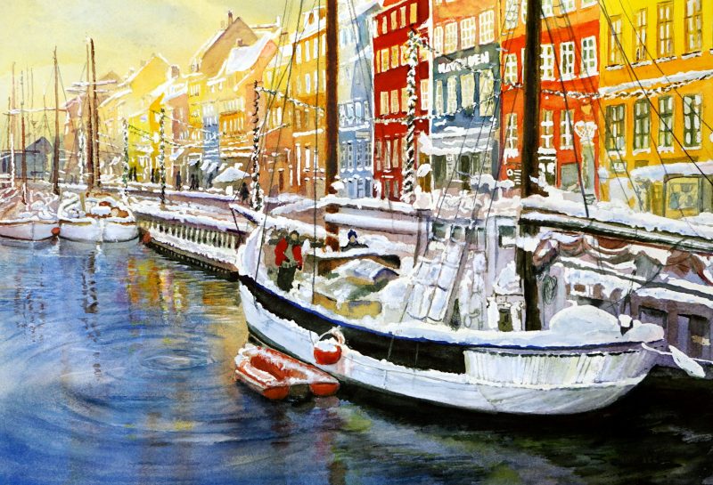 Watercolour boat and landscape painting by Maria Balcells