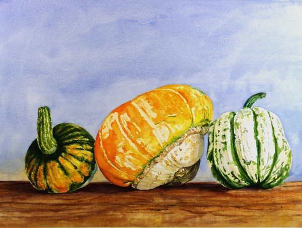 Three Pumpkins, watercolour painting.