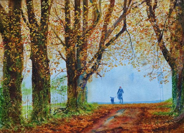 AUTUMN MORNING TOUR WITH THE DOG. 70 x 51 cm – 28, 34 x 20,07 in.