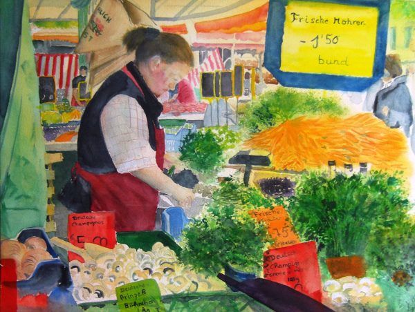 Fresh carrots. Market scene, watercolour painting by Maria Balcells.