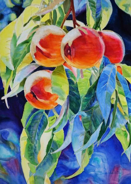 Peach blues. Watercolour fruits painting.