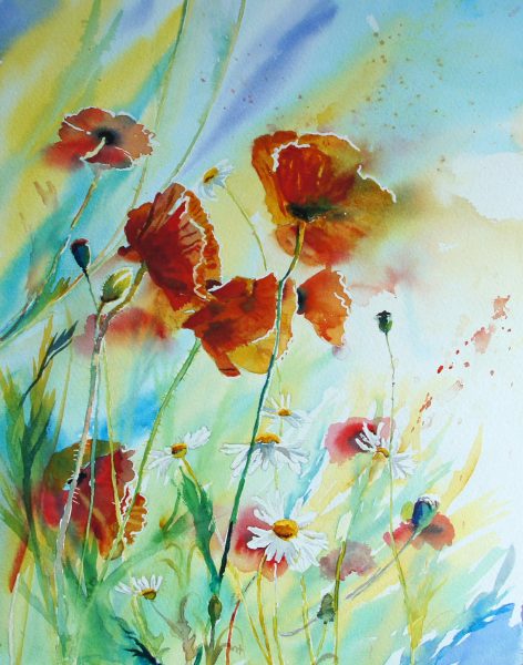Poppies watercolour flowers painting by Maria Balcells