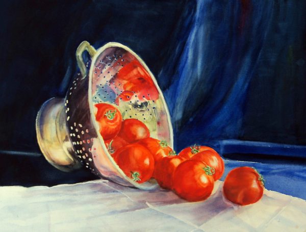 Tomatoes on a Colander. Watercolour painting.
