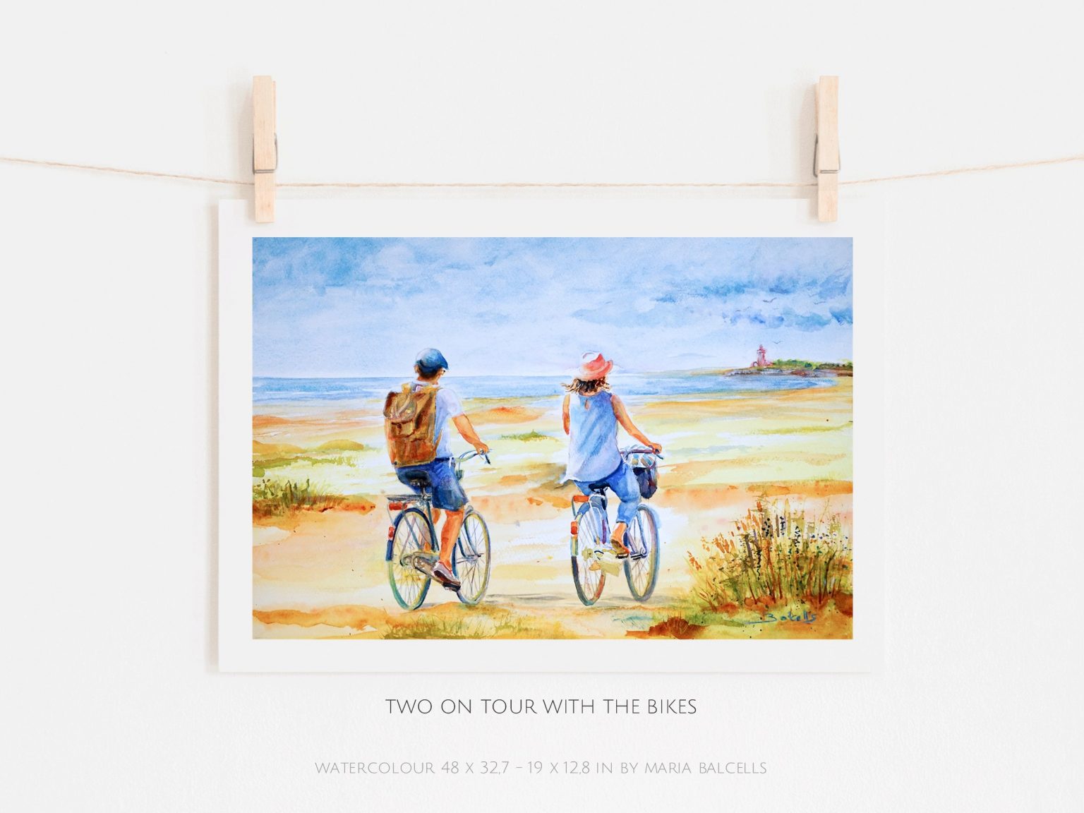TWO ON TOUR WITH THE BIKES. Watercolour summer and coastal landscape painting.