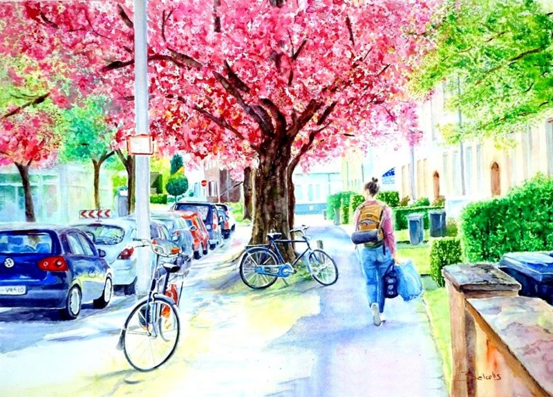 . Watercolour street landscape painting of a Street in Münster